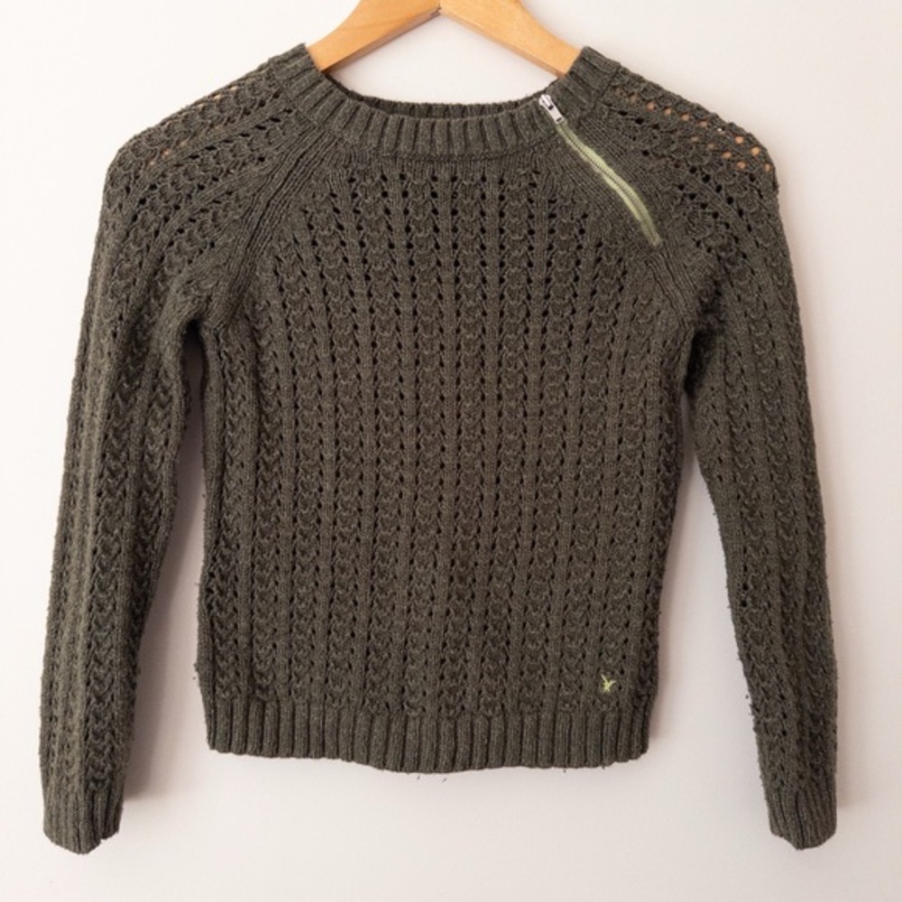 Y2K American Eagle‎ Olive Green Cable Knit Sweater Womens S Zip Shoulder Mall